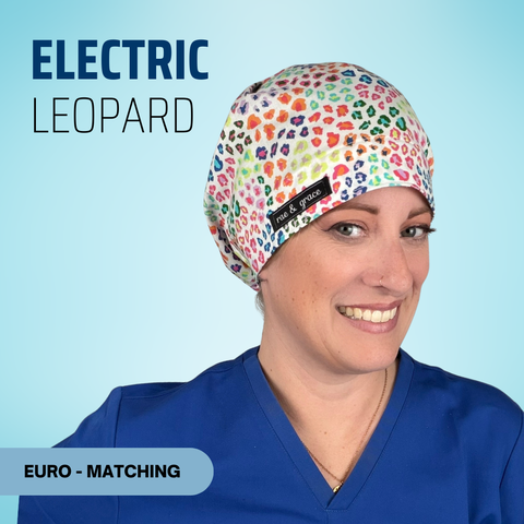 Electric Leopard - Scrub Cap - rae & grace - Euro - Matching Top