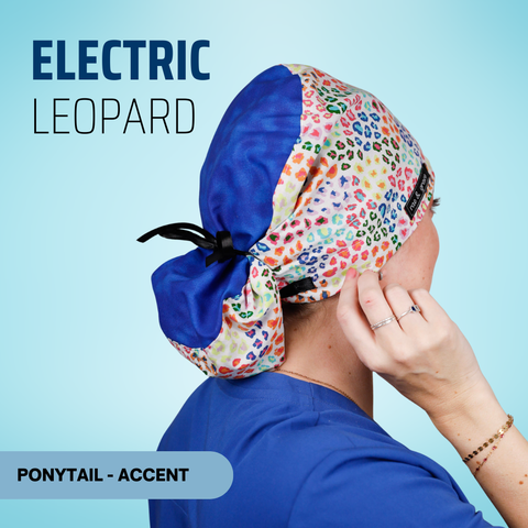 Electric Leopard - Scrub Cap - rae & grace - Ponytail - Accent Top