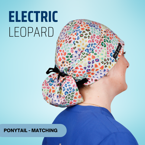 Electric Leopard - Scrub Cap - rae & grace - Ponytail - Matching Top