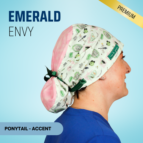 Emerald Envy  - Scrub Cap - rae & grace - Ponytail - Accent Top
