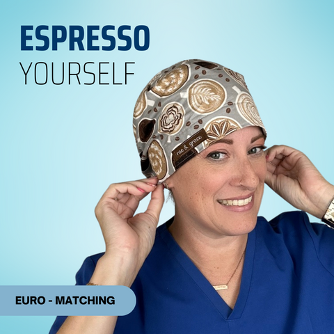Espresso Yourself  - Scrub Cap - rae & grace - Euro - Matching Top