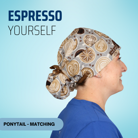 Espresso Yourself  - Scrub Cap - rae & grace - Ponytail - Matching Top