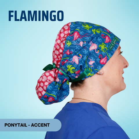 Flamingo - Scrub Cap - rae & grace - Ponytail - Accent Top