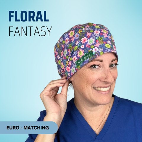 Floral Fantasy - Scrub Cap - rae & grace - Euro - Matching Top