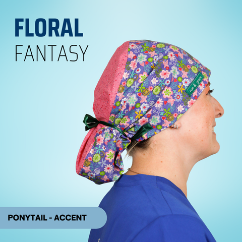 Floral Fantasy - Scrub Cap - rae & grace - Ponytail - Accent Top