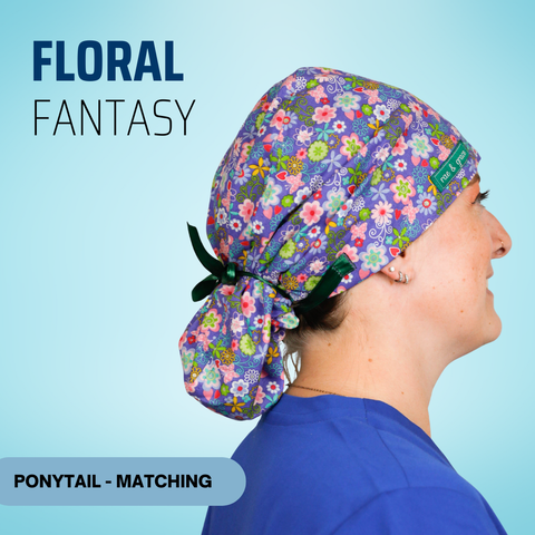 Floral Fantasy - Scrub Cap - rae & grace - Ponytail - Matching Top