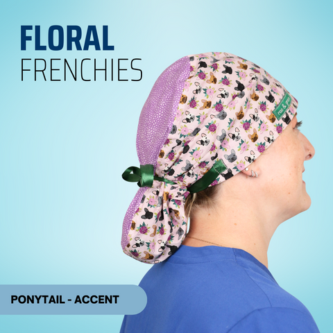 Floral Frenchies - Scrub Cap - rae & grace - Ponytail - Accent Top