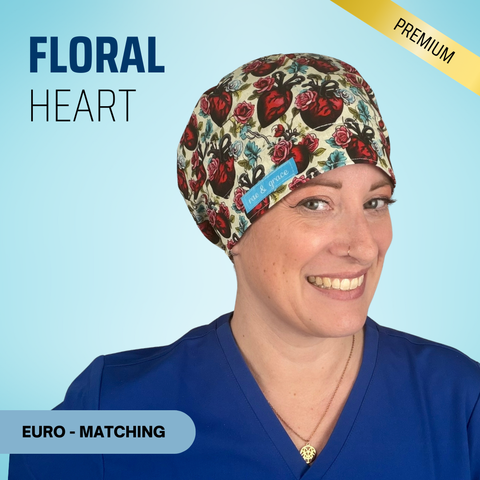 Floral Heart - Scrub Cap - rae & grace - Euro - Matching Top