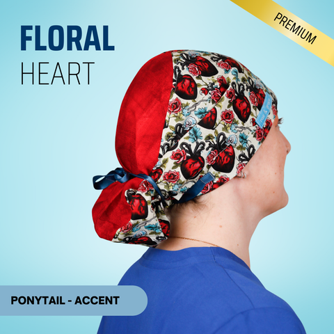 Floral Heart - Scrub Cap - rae & grace - Ponytail - Accent Top