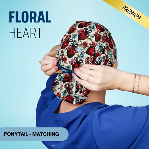 Floral Heart - Scrub Cap - rae & grace - Ponytail - Matching Top