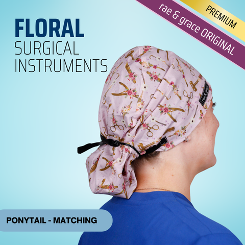 Floral Surgical Instruments - Scrub Cap - rae & grace - Ponytail - Matching Top
