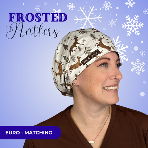 Frosted Antlers - Scrub Cap - rae & grace - Euro - Matching Top