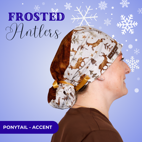 Frosted Antlers - Scrub Cap - rae & grace - Ponytail - Accent Top