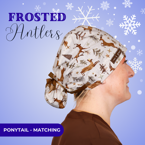 Frosted Antlers - Scrub Cap - rae & grace - Ponytail - Matching Top