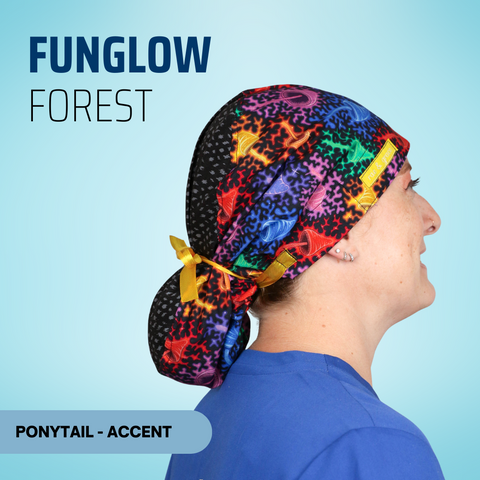 Funglow Forest - Scrub Cap - rae & grace - Ponytail - Accent Top