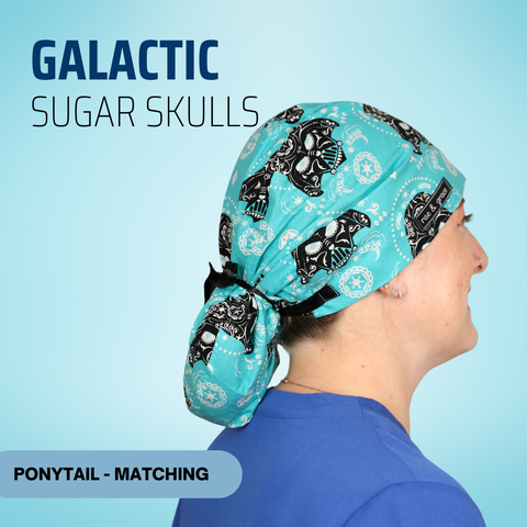 Galactic Sugar Skull  - Scrub Cap - rae & grace - Ponytail - Matching Top