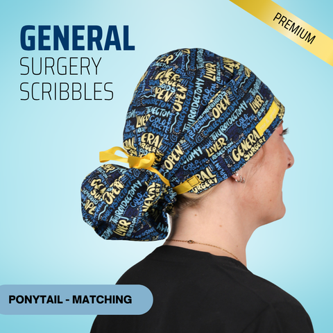 General Surgery Scribbles - Scrub Cap - rae & grace - Ponytail - Matching Top