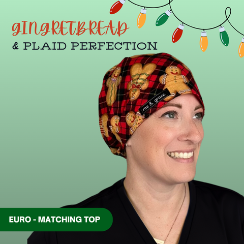Gingerbread & Plaid Perfection - Scrub Cap - rae & grace - Euro - Matching Top