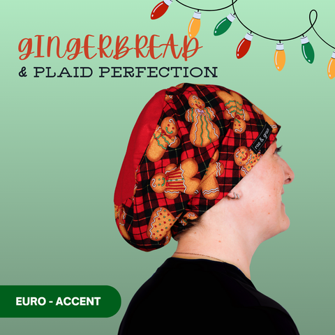 Gingerbread & Plaid Perfection - Scrub Cap - rae & grace - Euro - Accent Top