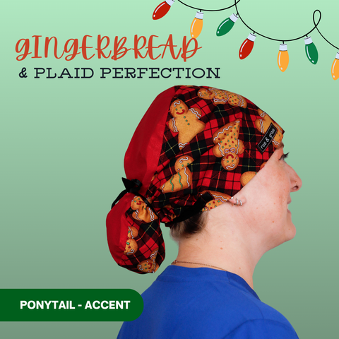 Gingerbread & Plaid Perfection - Scrub Cap - rae & grace - Ponytail - Accent Top