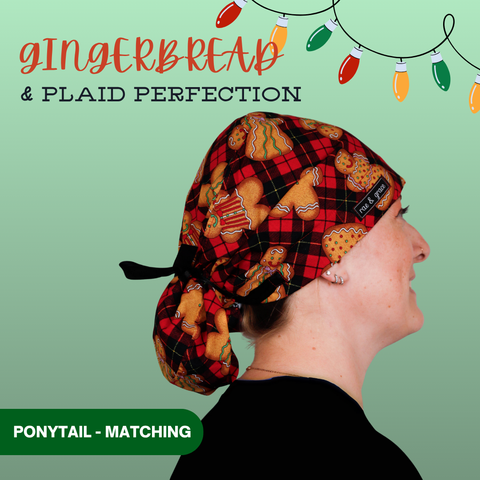 Gingerbread & Plaid Perfection - Scrub Cap - rae & grace - Ponytail - Matching Top