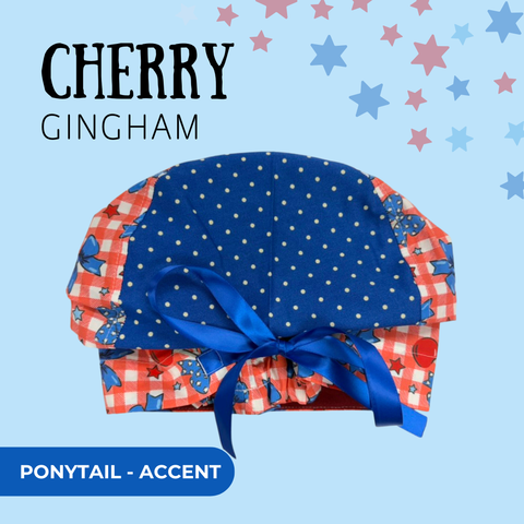 Cherry Gingham - Scrub Cap - rae & grace - Ponytail - Accent Top