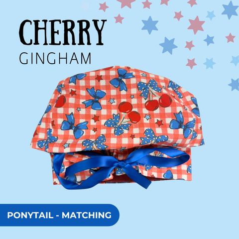 Cherry Gingham - Scrub Cap - rae & grace - Ponytail - Matching Top