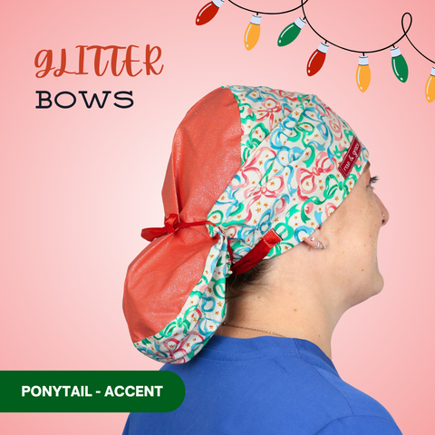 Glitter Bows - Scrub Cap - rae & grace - Ponytail - Accent Top