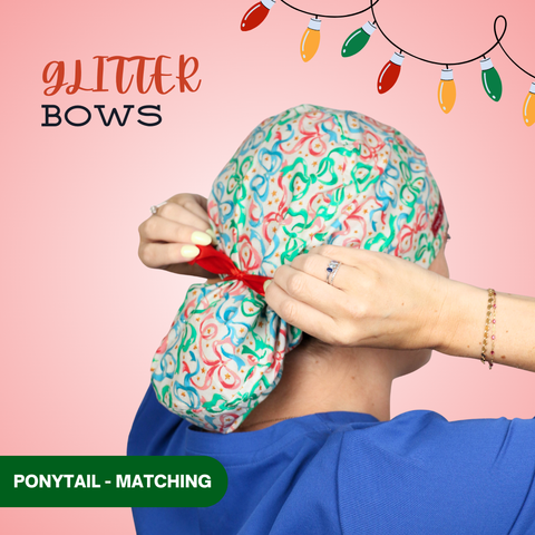 Glitter Bows - Scrub Cap - rae & grace - Ponytail - Matching Top