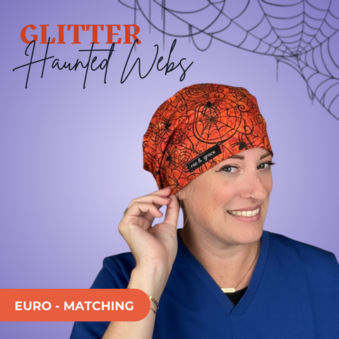 Gitter Haunted Webs - Scrub Cap - rae & grace - Euro - Matching Top