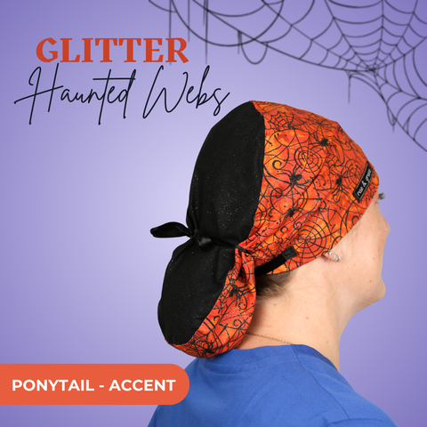 Gitter Haunted Webs - Scrub Cap - rae & grace - Ponytail - Accent Top