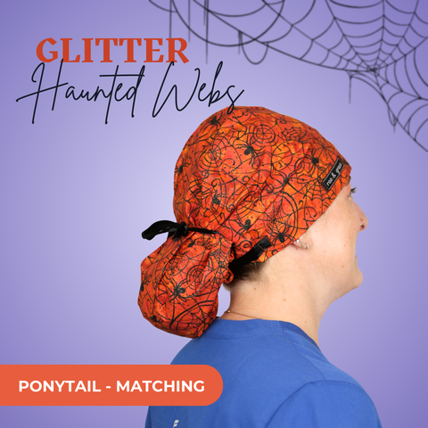 Gitter Haunted Webs - Scrub Cap - rae & grace - Ponytail - Matching Top