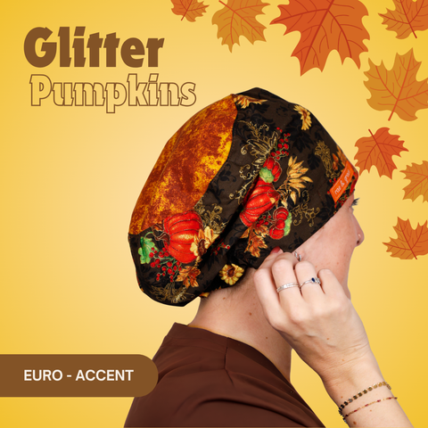 Glitter Pumpkins  - Scrub Cap - rae & grace - Euro - Accent Top