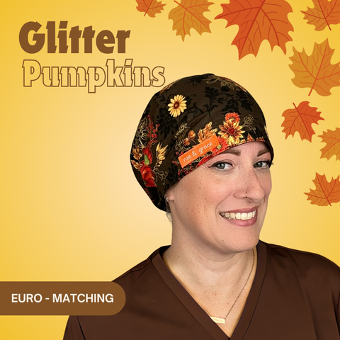 Glitter Pumpkins  - Scrub Cap - rae & grace - Euro - Matching Top