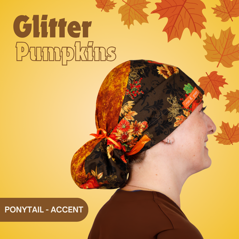Glitter Pumpkins  - Scrub Cap - rae & grace - Ponytail - Accent Top