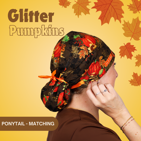 Glitter Pumpkins  - Scrub Cap - rae & grace - Ponytail - Matching Top