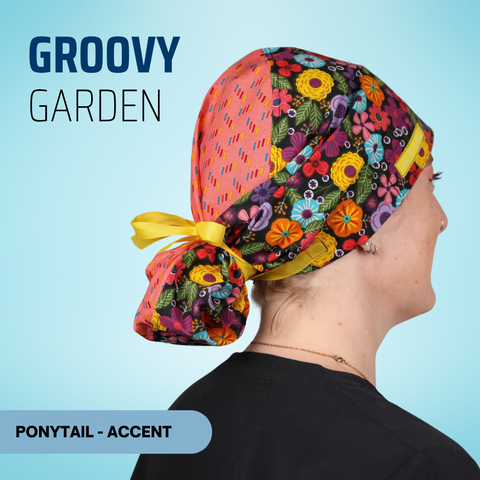 Groovy Garden - Scrub Cap - rae & grace - Ponytail - Accent Top