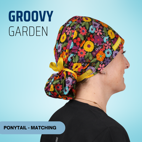 Groovy Garden - Scrub Cap - rae & grace - Ponytail - Matching Top