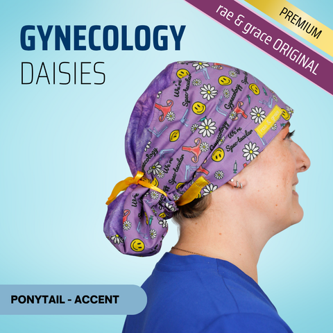 Gynecology Diasies - Scrub Cap - rae & grace - Ponytail - Accent Top