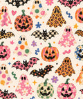 A repeating Halloween pattern featuring colorful jack-o'-lantern pumpkins, ghosts, bats, flowers, stars, and dots in many patterns including floral, leopard print, checkered, polka dot, and starry designs on a light cream background.