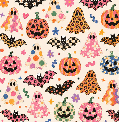 A repeating Halloween pattern featuring colorful jack-o'-lantern pumpkins, ghosts, bats, flowers, stars, and dots in many patterns including floral, leopard print, checkered, polka dot, and starry designs on a light cream background.