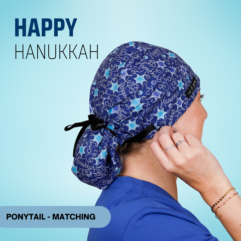 Happy Hanukkah - Scrub Cap - rae & grace - Ponytail - Matching Top