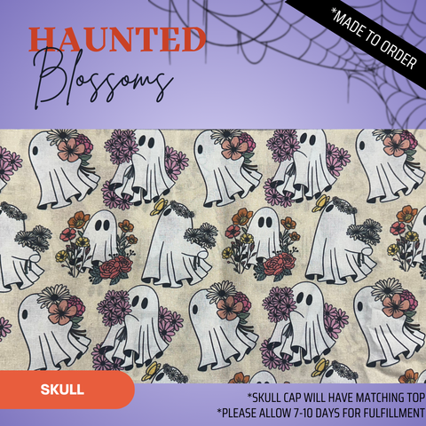 Haunted Blossoms  - Scrub Cap - rae & grace - Skull Cap - Made to order Please allow 7-10 days for fulfillment.