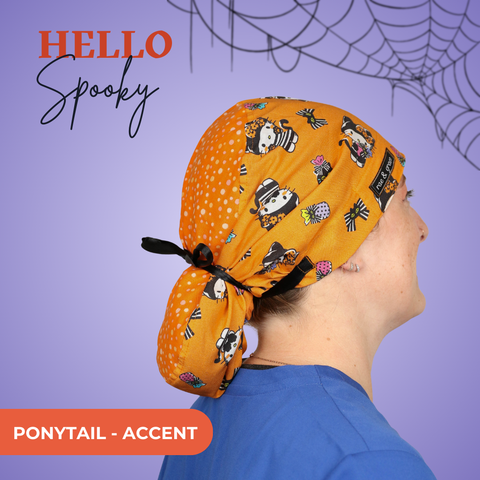 Hello Spooky  - Scrub Cap - rae & grace - Ponytail - Accent Top