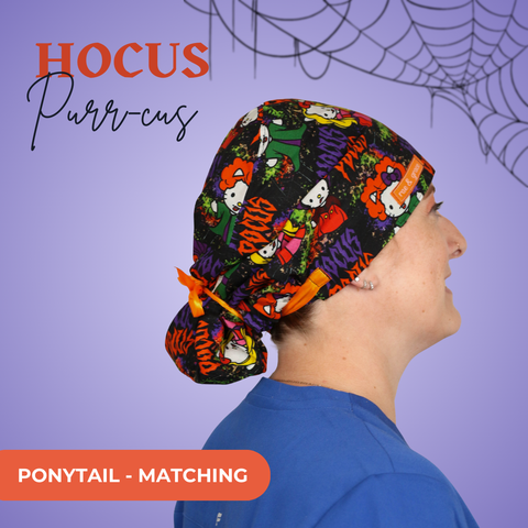 Hocus Purr-Cus  - Scrub Cap - rae & grace - Ponytail - Matching Top