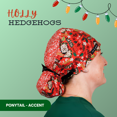 Holly Hedgehogs - Scrub Cap - rae & grace - Ponytail - Accent Top
