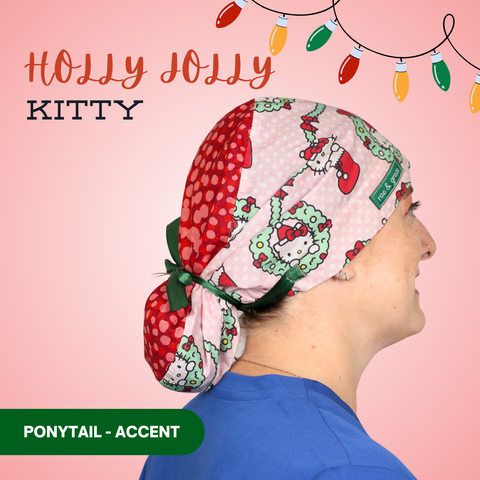 Holly Jolly Kitty  - Scrub Cap - rae & grace - Ponytail - Accent Top