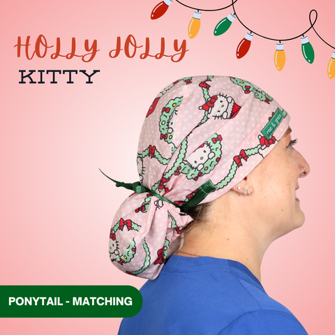 Holly Jolly Kitty  - Scrub Cap - rae & grace - Ponytail - Matching Top