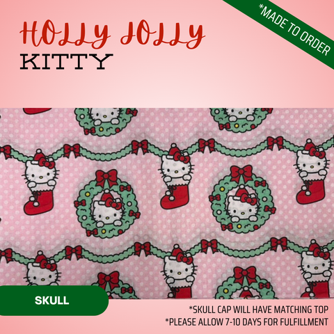 Holly Jolly Kitty  - Scrub Cap - rae & grace - Skull Cap - Made to order Please allow 7-10 days for fulfillment.