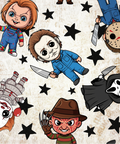 A repeating cartoon-style pattern featuring horror character illustrations on a distressed beige background, including a child version of Chucky, Michael Myers, Jason Voorhees, Freddy Krueger, and others with black stars.
